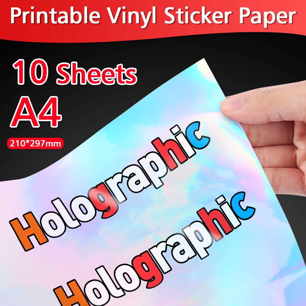 10 장 무지개 홀로그램 인쇄 가능한 비닐 스티커 용지 A4 방수 자체 접착 레이저 잉크젯 스티커 잉크젯 프린터 용